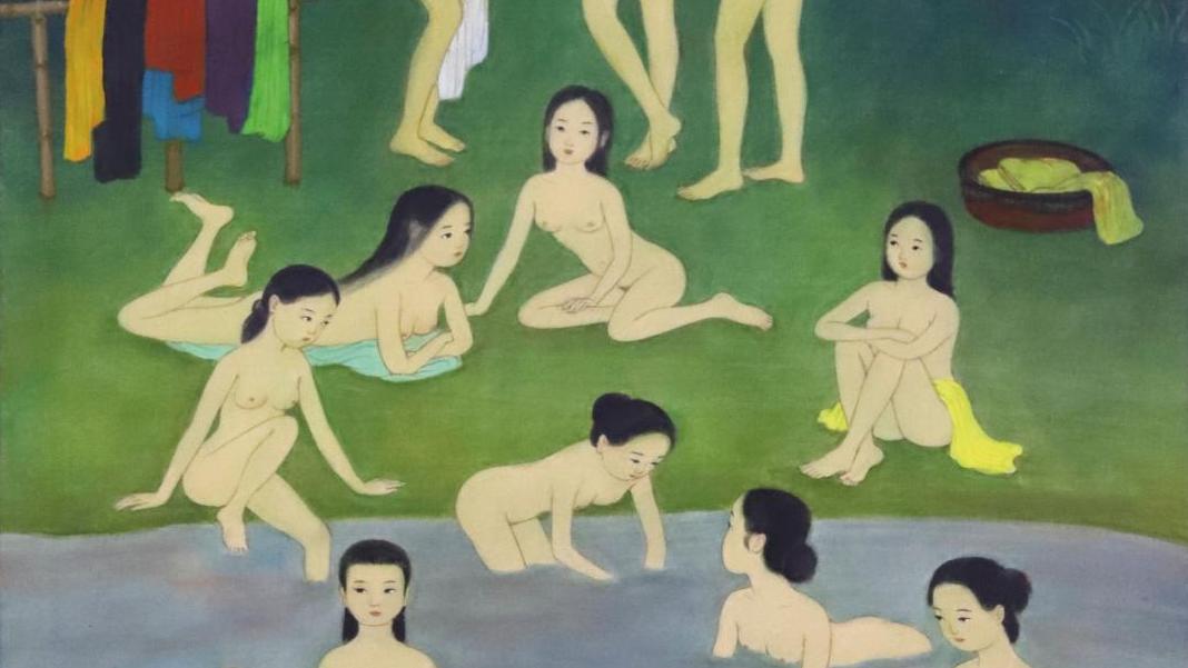 Mai-Thu, Le Petit Cours d’eau, la baignade, 1978, encre et couleurs sur soie signée... Les Mai-Thu de la collection Pellevet
