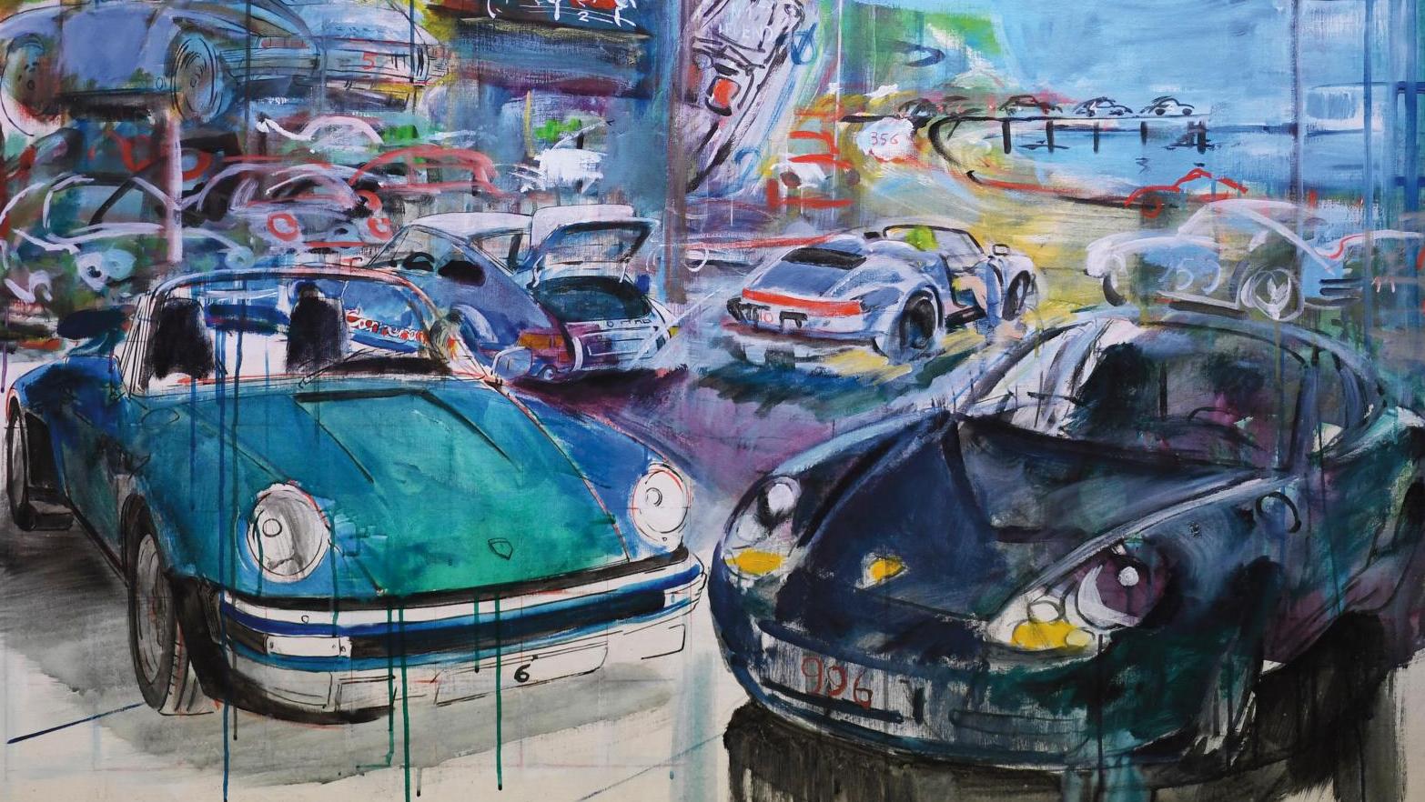 Daniel Authouart (né en 1943), Porsche 911, juin 1999, huile sur toile, 112 x 142 cm. Adjugé... Bolides, cavales et peintres contemporains