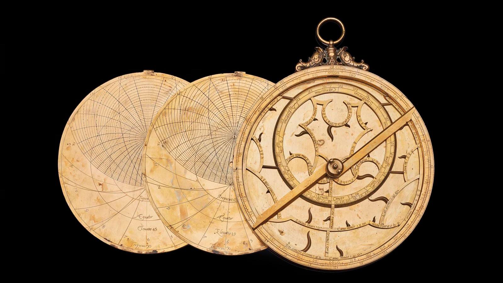 European gilt brass astrolabe attributed to Michael Piquer, dated 1543, diam. 19.1... A 16th-Century Astrolabe Positioned Under a Lucky Star 