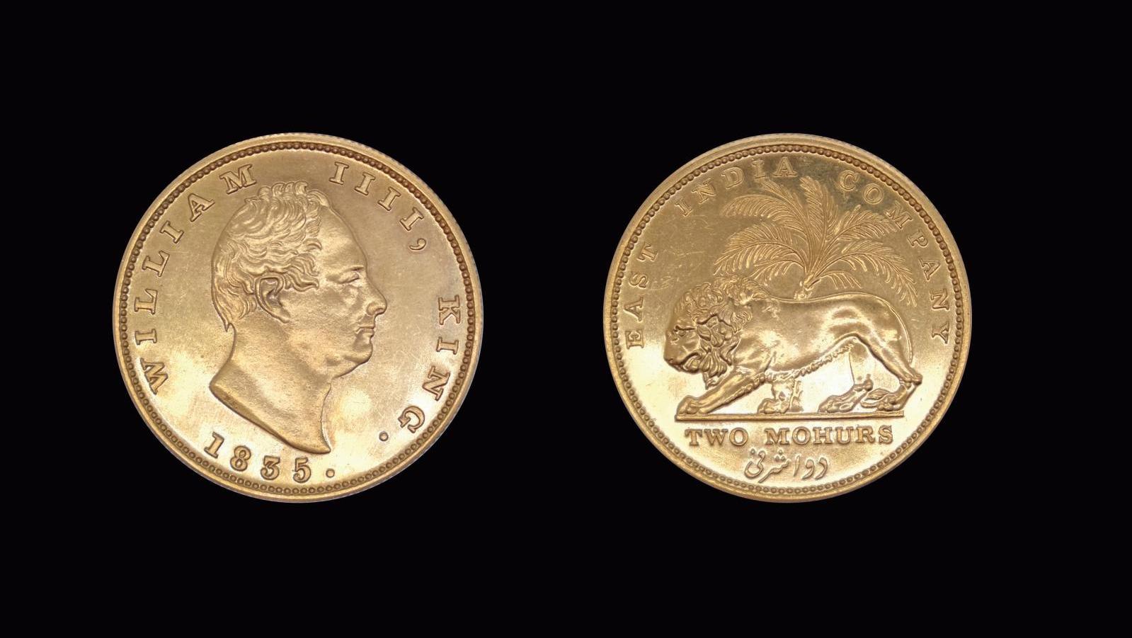 Pièce de 2 mohurs en or de William IV pour l’Inde britannique, 1835, graveur William... Monnaie de l'Inde britannique 