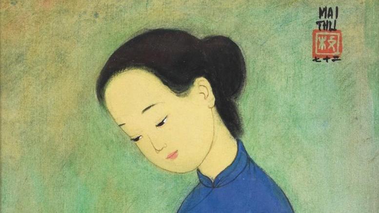Mai-Thu (1906-1980), Mère et enfant, consolation, 1972, encre et couleurs sur soie,... Les verts paradis vietnamiens de Mai-Thu
