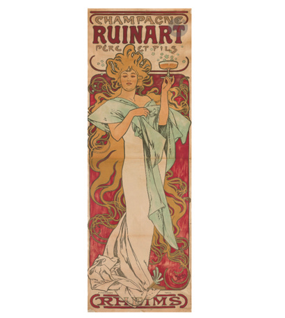 12 160 €Alfons Mucha (1860-1939), Champagne Ruinart, 1896, chromolithographie en deux feuilles, imprimeur-éditeur F. Champenois, 174 x 59 