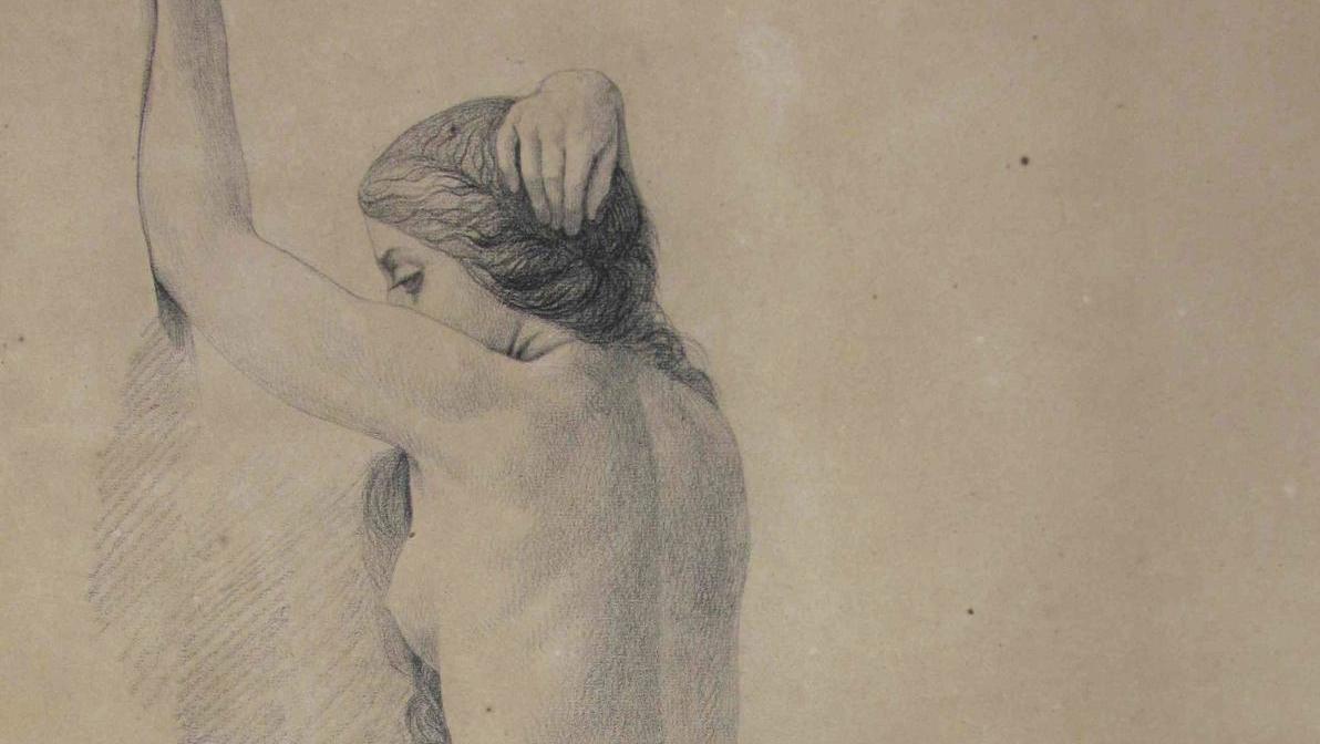Henry de Triqueti (1803-1874), Étude de jeune femme nue, agenouillée, fusain, crayon... Triqueti dessinateur à Montargis