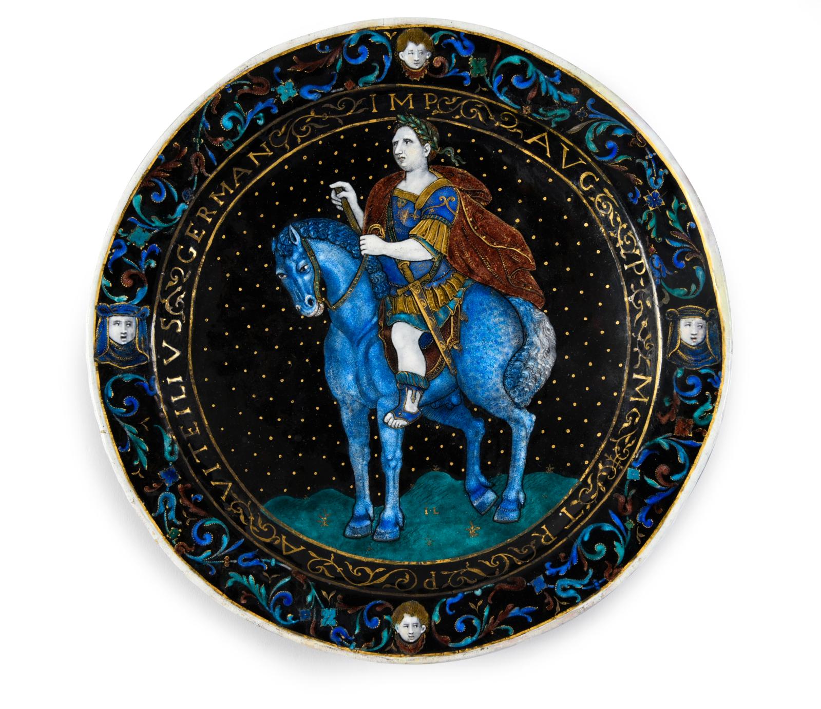 Jean Limosin (vers 1528-1610), Limoges, fin du XVIe siècle, L’Empereur Vitellius à cheval, assiette en émail peint polychrome et émaux tra