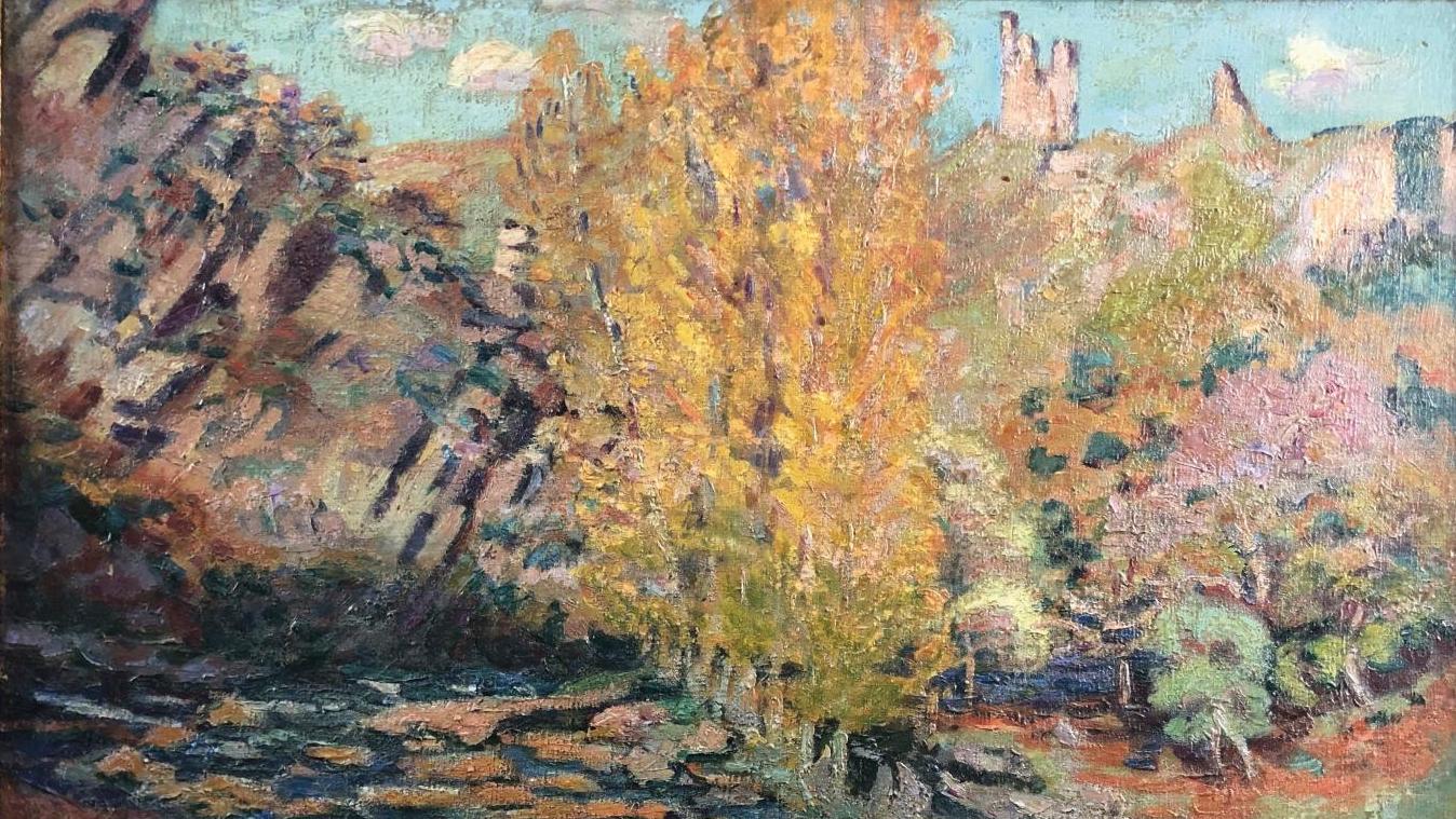 Armand Guillaumin (1841-1927) La Sédelle et les ruines du château de Crozant, huile... La nature et ses couleurs par Armand Guillaumin