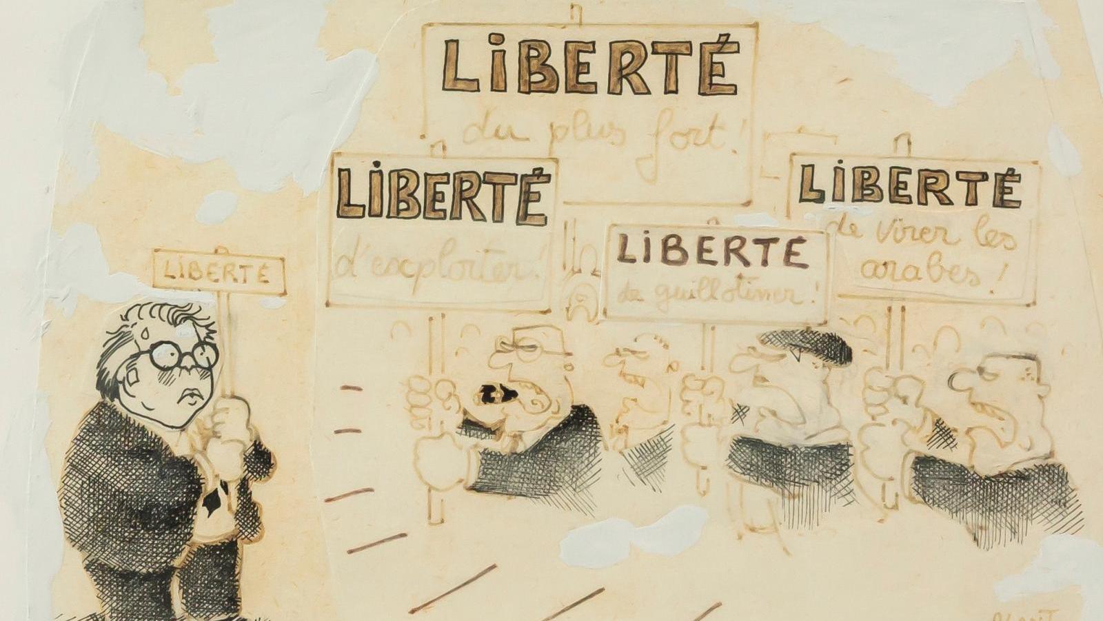 Jean Plantureux, dit Plantu (né en 1951), Liberté, crayon, encre et rehauts de gouache... En souvenir de Pierre Mauroy