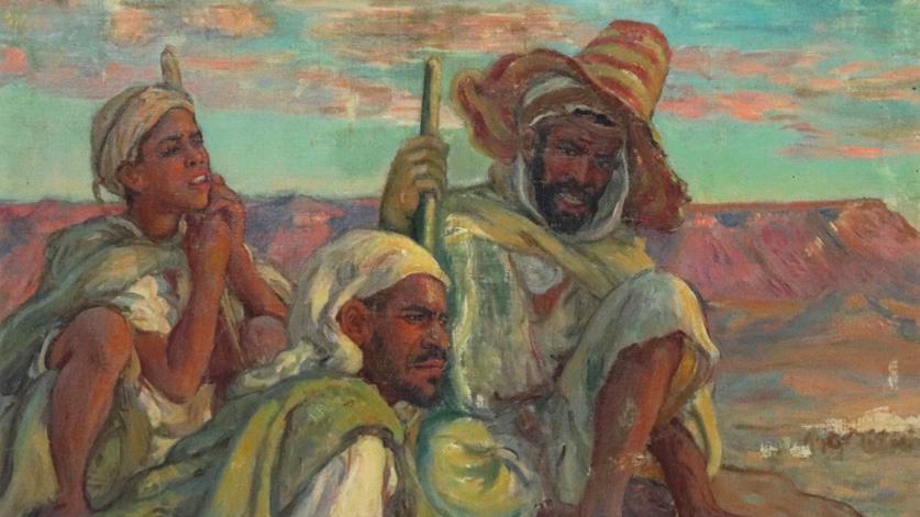 Étienne Alphonse Dinet (1861-1929), Groupe de bergers arabes, huile sur toile signée,... Aux portes du désert avec Dinet