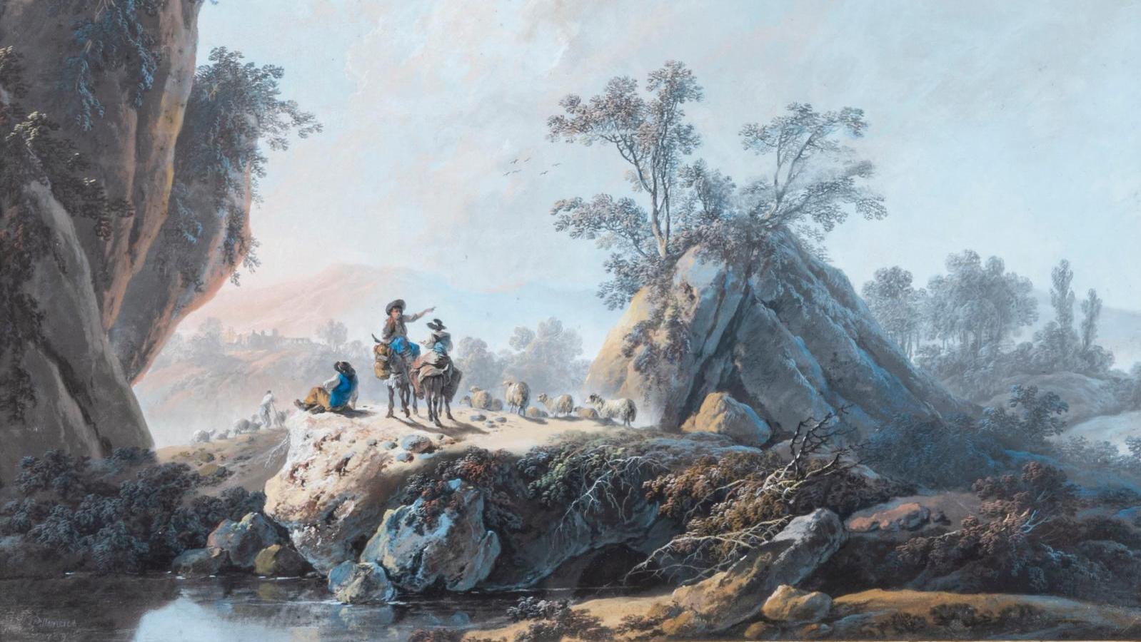 Jean-Baptiste Pillement (1728-1808), La Rencontre des bergers, 1789, pastel signé... Les paysages habités de Pillement et Weenix 