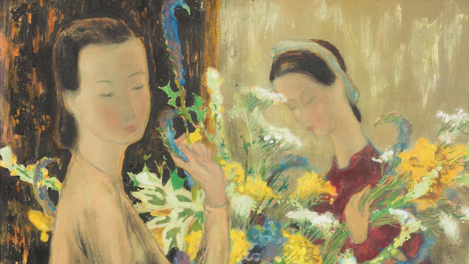 Lé Phô (1907-2001), Jeunes Femmes au bouquet, vers 1955, gouache et encre sur soie... Le langage des fleurs de Lé Phô 