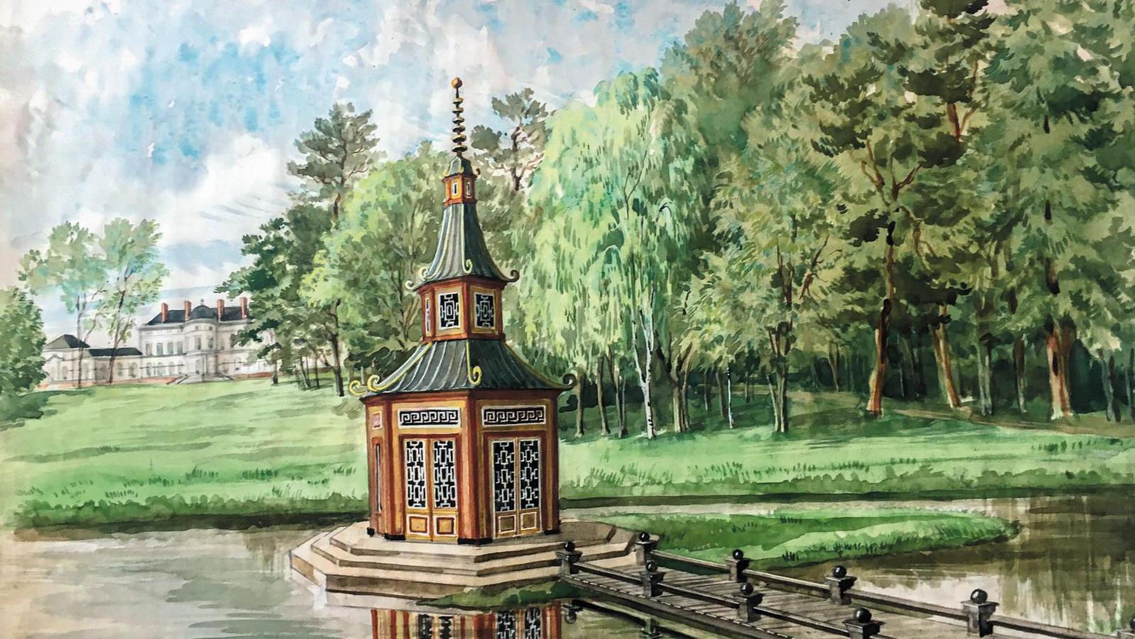 Alexandre Serebriakoff, aquarelle de la pagode chinoise du parc du château de Groussay.... Les folies architecturales et décoratives de Beistegui