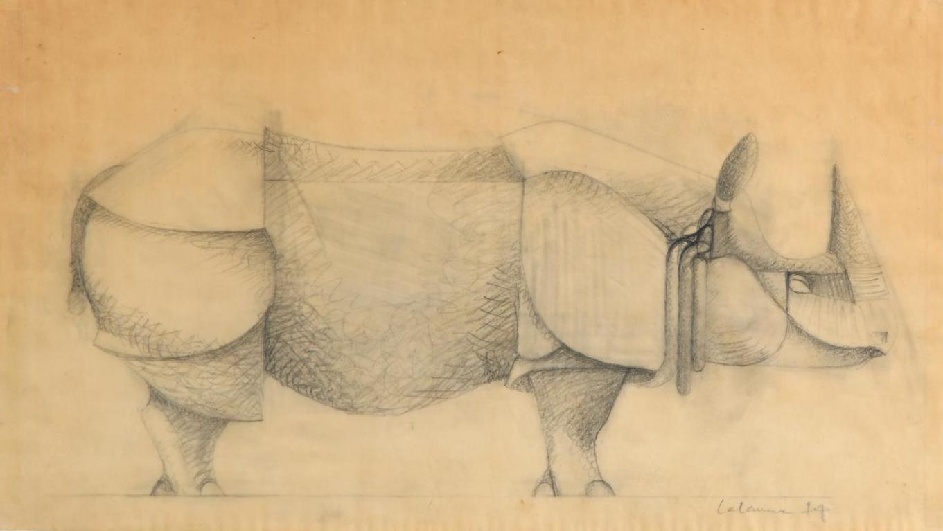 François-Xavier Lalanne (1927-2008), Rhinocéros, 1974, mine de plomb sur papier calque,... Un rhinocéros de Lalanne sur papier