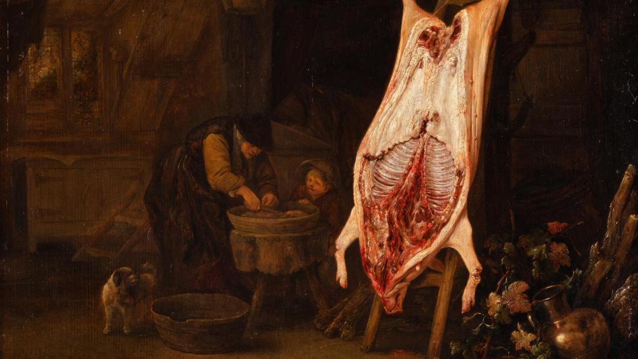 Isaac van Ostade (1621-1649), Le porc écorché, huile sur panneau de chêne non parqueté,... Le porc écorché d’Isaac van Ostade