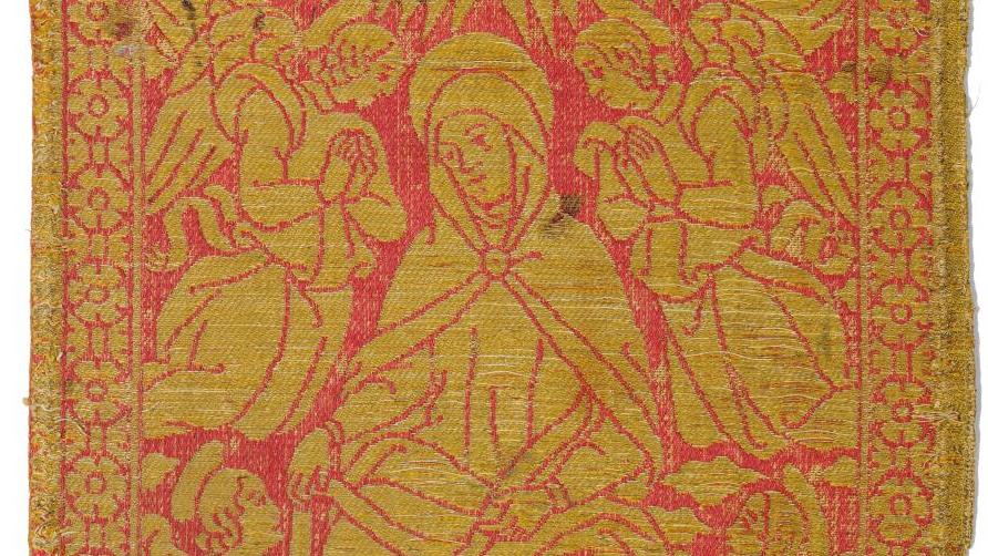 Fin XVe-début XVIe siècle. Assomption et couronnement de la Vierge, fragment d’orfroi,... S comme soie, médiévale et Renaissance