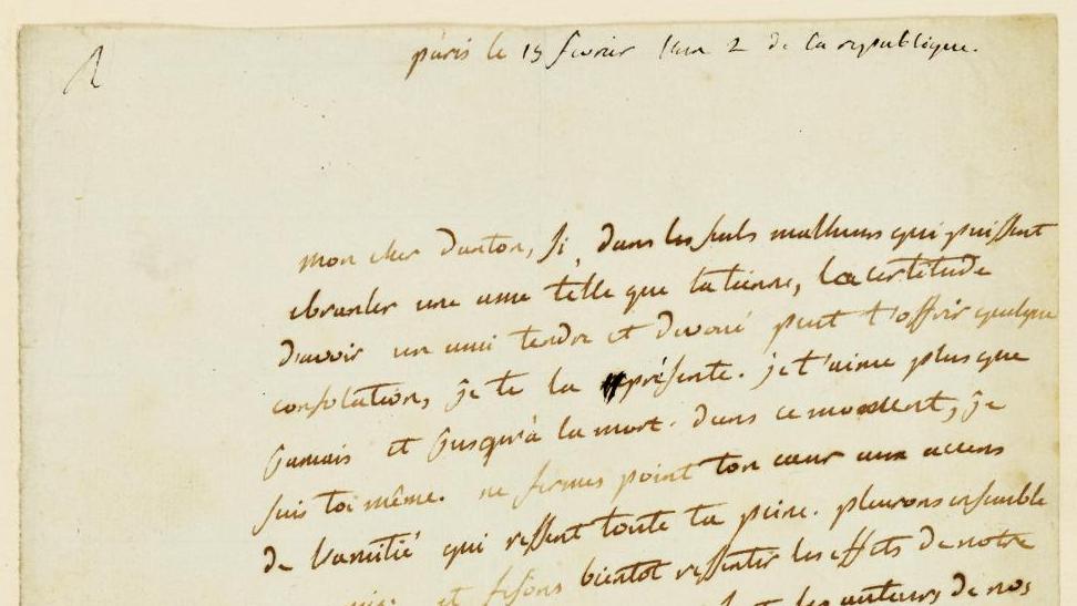 Maximilien de Robespierre (1758-1794), lettre autographe à Georges-Jacques Danton,... Une lettre de Robespierre à Danton