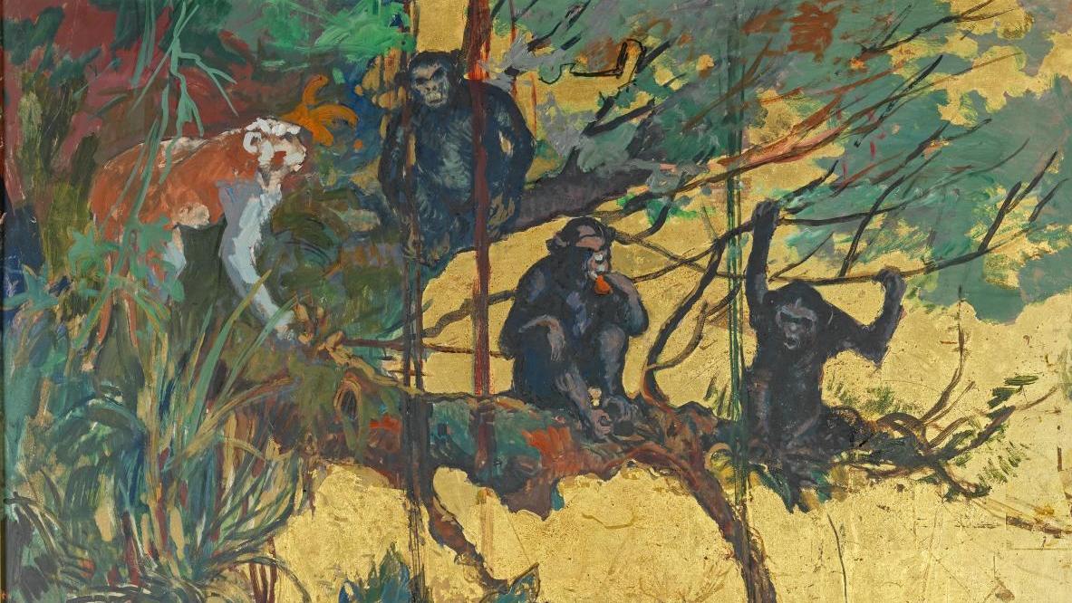 Henri Pontoy (1888-1968), Les Singes du Fouta-Djallon, vers 1950, huile sur Isorel... Pontoy en voyage avec Majorelle