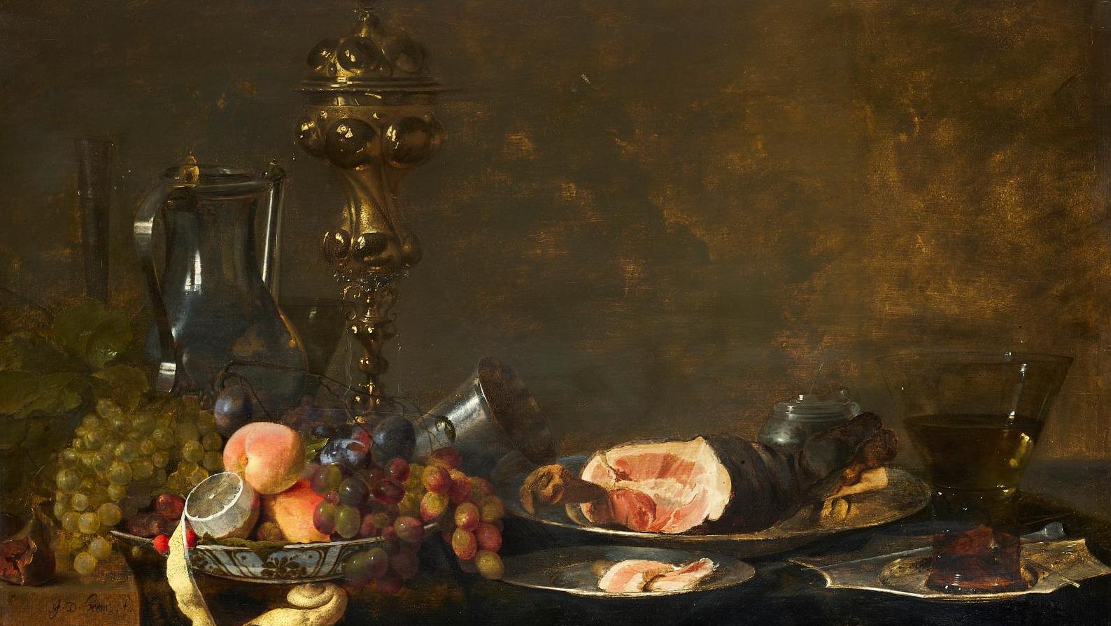 Jan Davidsz de Heem (1606-1684), Pêches, raisins et citron dans un bol wanli en porcelaine... Le banquet symbolique de Jan Davidsz de Heem