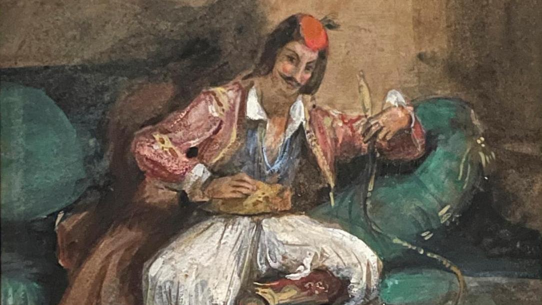 Attribué à Eugène Delacroix (1798-1863), Personnage grec fumant le narghilé, aquarelle... Delacroix et la Grèce, un dessin de jeunesse