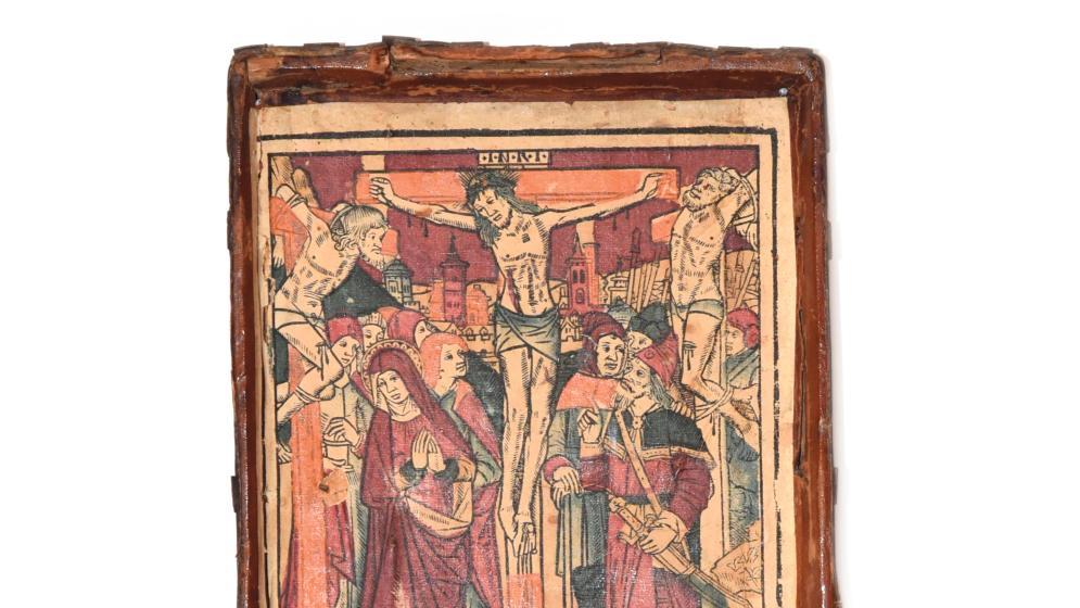 Paris, vers 1500. Coffret à estampe, orné de La Crucifixion avec les deux larrons,... Les mystères d’un coffret à estampes de 1500