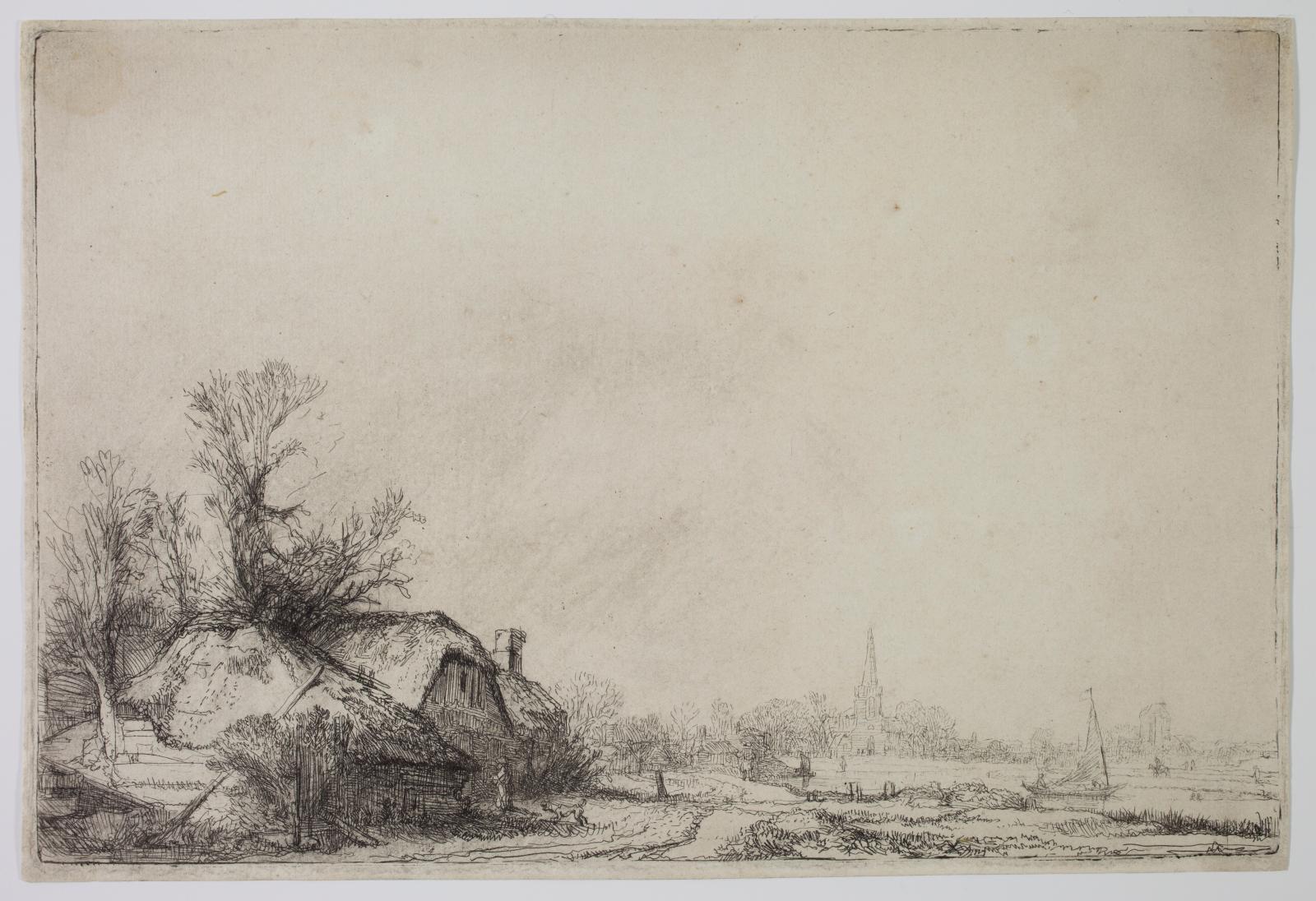 Rembrandt Harmenszoon Van Rijn (1606-1669), Chaumière près d’un canal avec vue sur la ville d’Ouderkerk, vers 1641, eau-forte et pointe sè