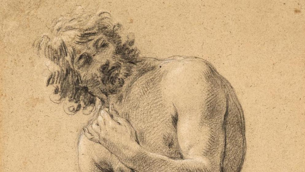 Simon Vouet (1590-1649), Étude pour une figure d’Hercule filant, pierre noire et... Le Salon du dessin, un nouveau souffle 