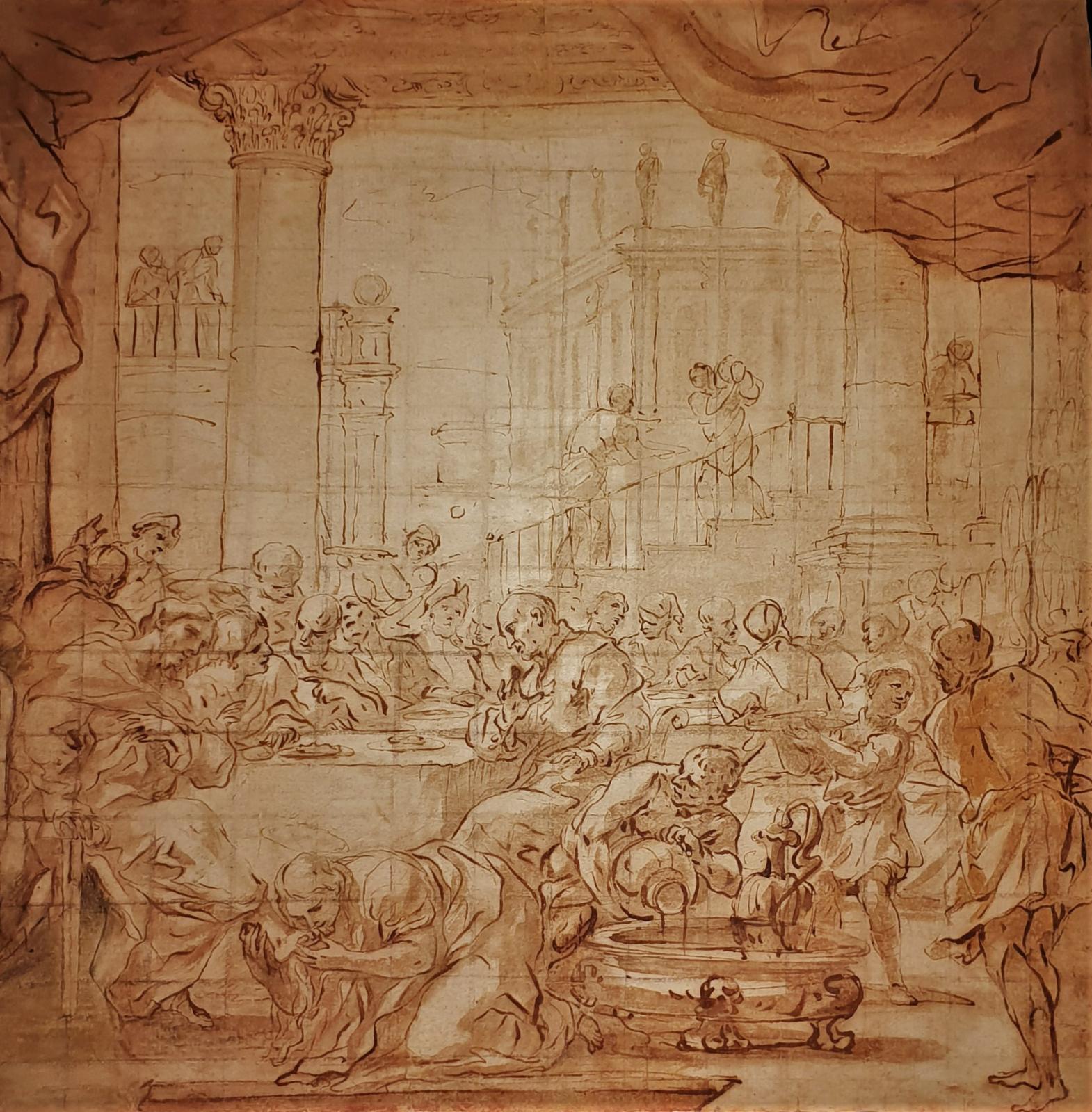 Luca Giordano (1634-1705), Le Repas chez Simon avec sainte Marie-Madeleine, plume et lavis d’encre brune sur esquisse à la pierre noire, m