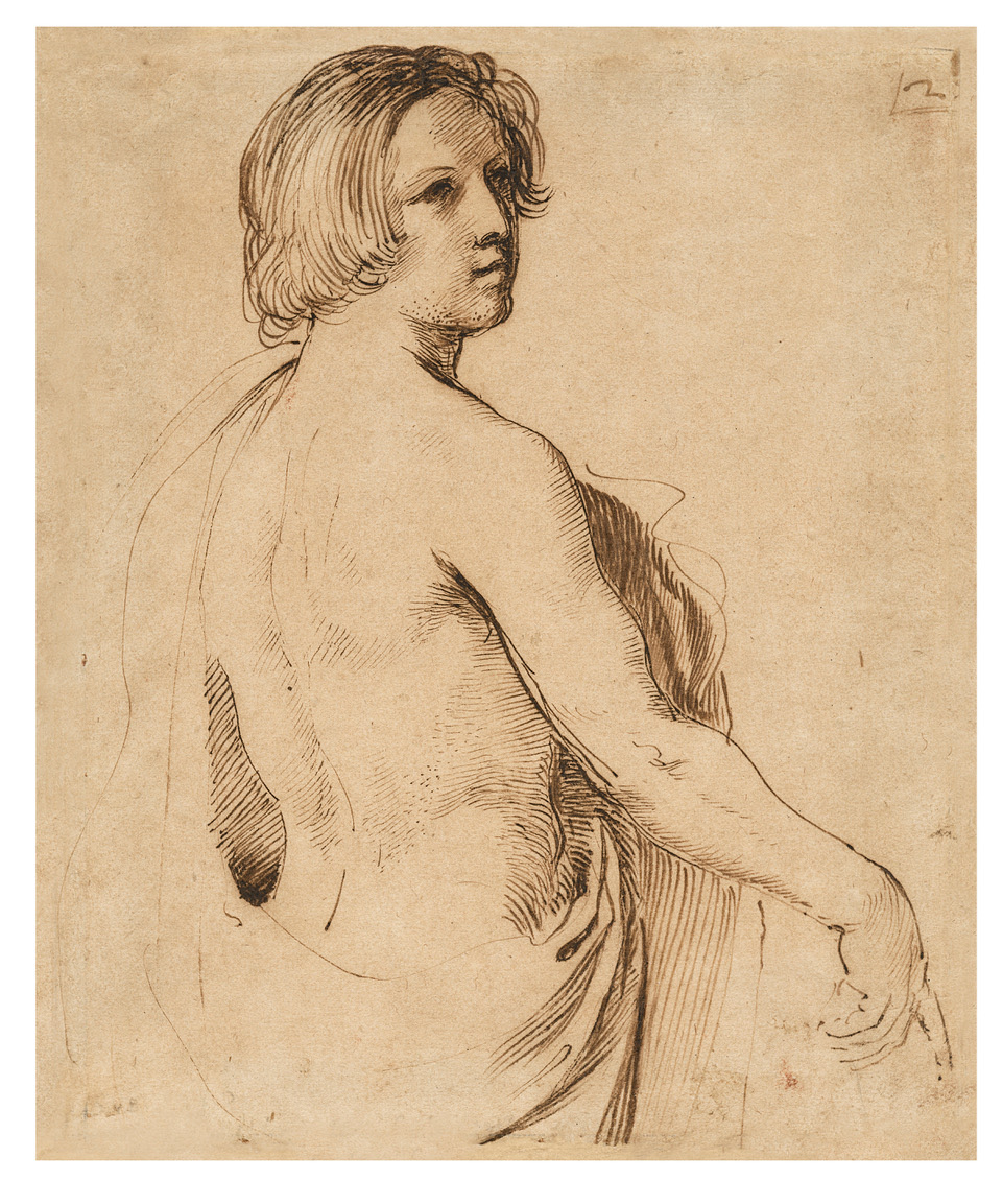Giovanni Francesco Barbieri, dit le Guerchin (1591-1666), Jeune Homme vu à mi-corps regardant au-dessus de son épaule droite, plume et enc