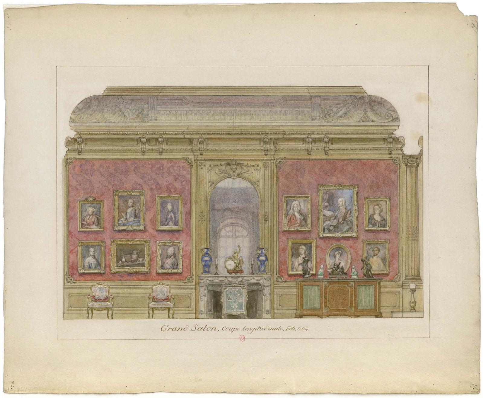 Adrien Karbowsky, Grand Salon, coupe longitudinale (élévation nord), 1907, graphite, aquarelle, gouache, plume et encre brune, 45,2 x 55,2