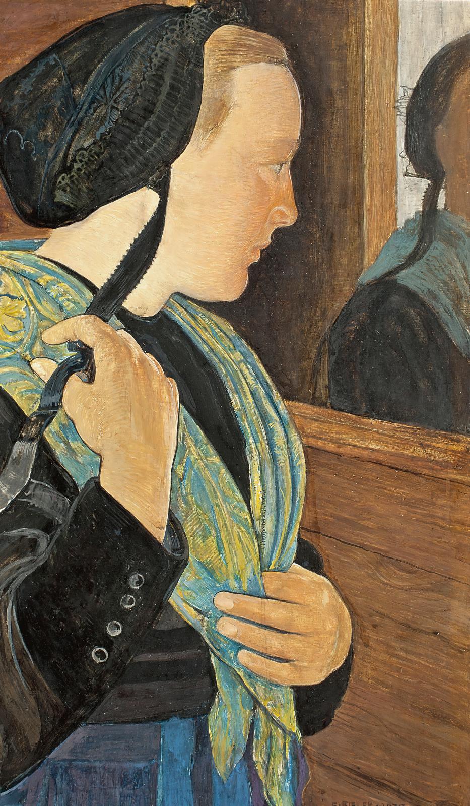 Cette tempera sur carton de 1937 d’Ernest Biéler, Angèle à son miroir, montre une jeune fille de Savièse en costume du dimanche. Ce travai