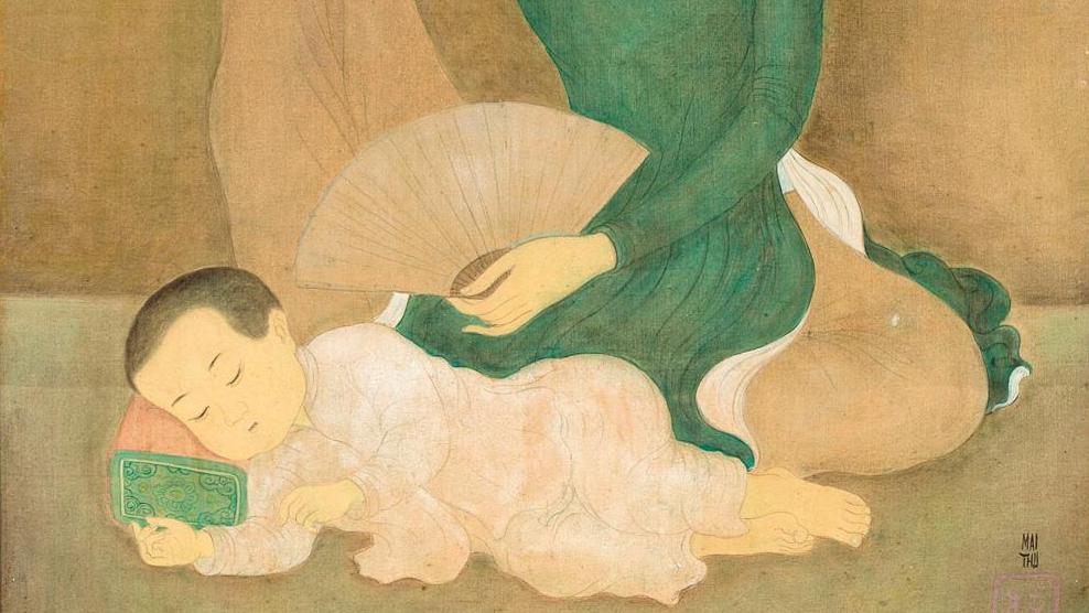 Mai Trung Thu, dit Mai-Thu (1906-1980), Mère et enfant dormant, encre et couleurs... Mai-Thu, Lé Phô et Luong Xuân Nhi