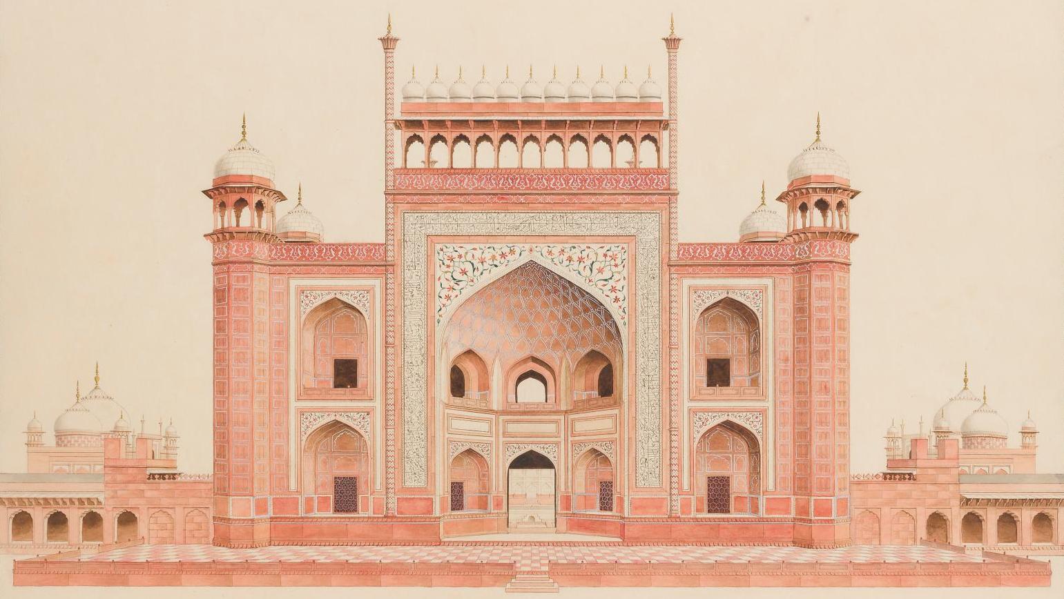 Inde, Company School, vers 1820. Deux représentations de portes de monuments indiens,... Souvenirs de l’Empire moghol