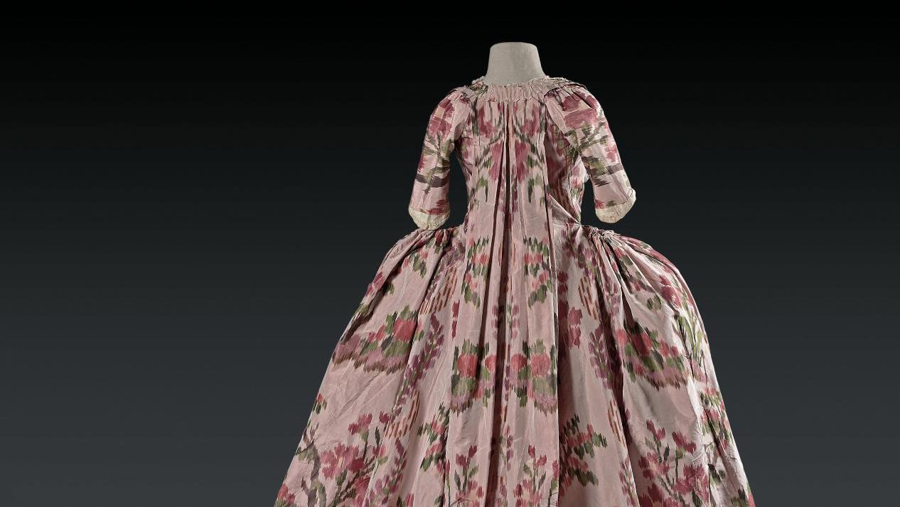 Louis XV period, c. 1765, rococo-style sack-back gown in pink silk taffeta with ikat decoration,... An 18th-Century Sack-Back Gown