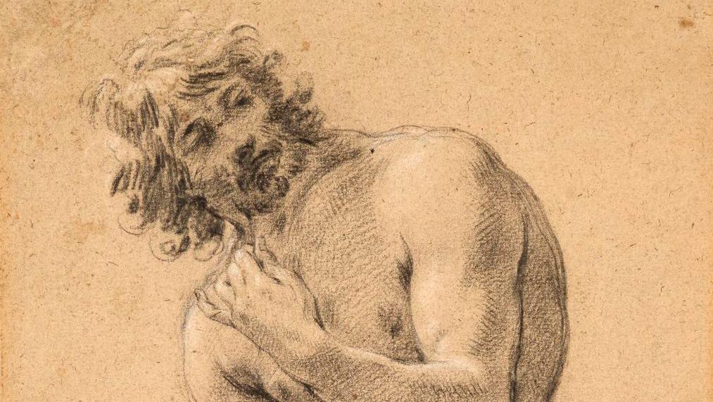 Simon Vouet (1590-1649), Study for a Figure of Hercules Spinning Wool, black chalk... The Salon du Dessin: A Breath of Fresh Air 