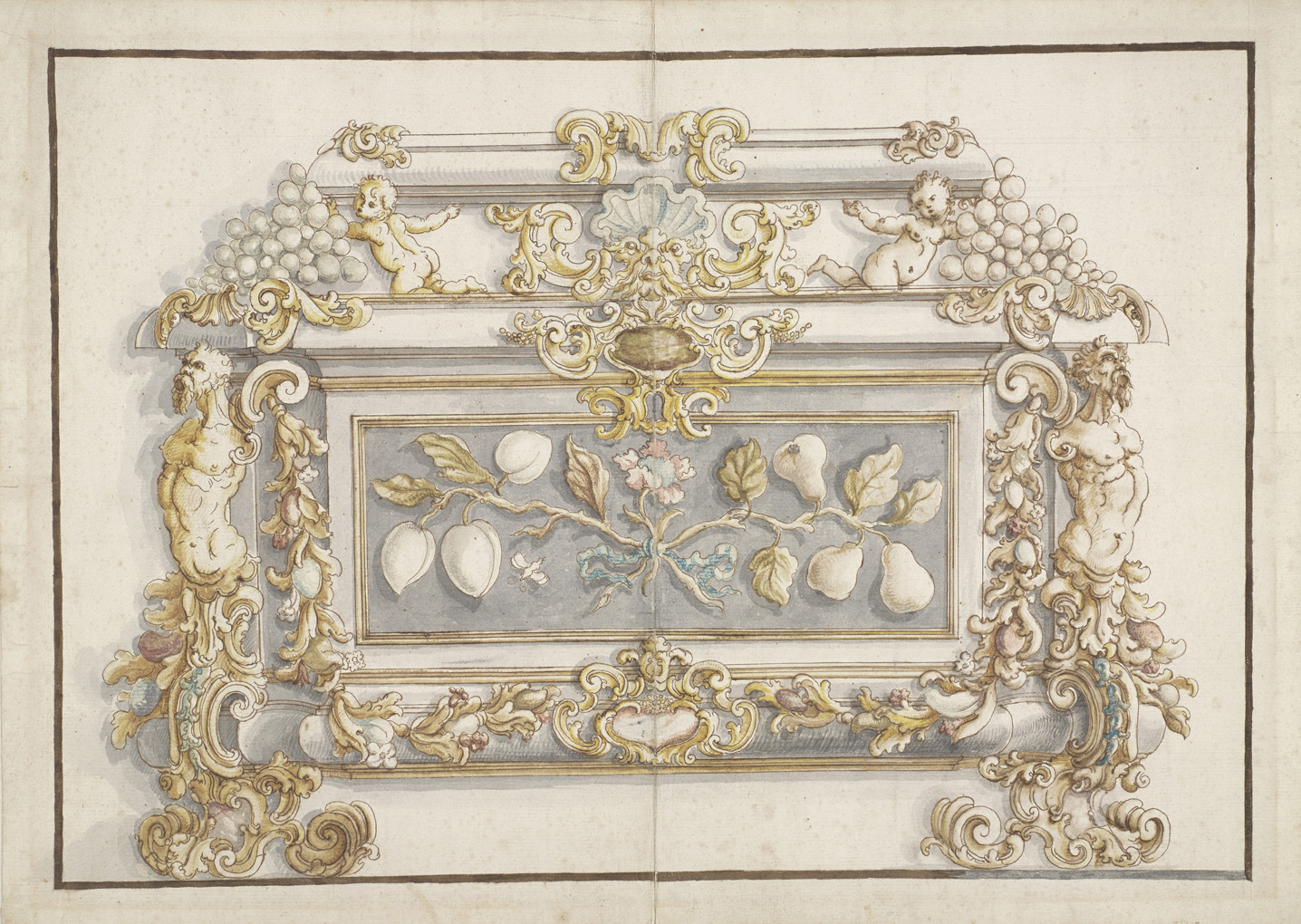 Giovanni Battista Foggini (1651-1725), Projet pour un coffret, avec des panneaux en pierre dure, vers 1710-1715, plume et encre brune, aqu