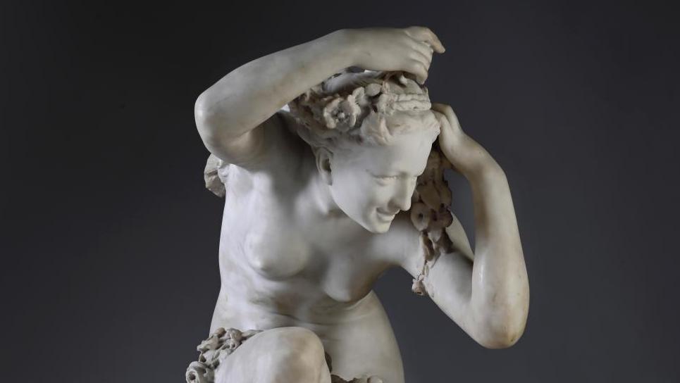 Jean-Baptiste Carpeaux (1827-1875), Flore accroupie, sculpture en marbre blanc signée... Le triomphe de Carpeaux