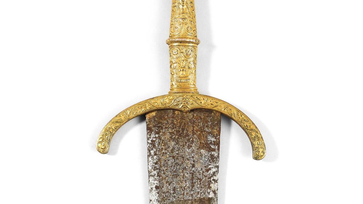 Italie du Nord, vers 1490-1510. Épée nobiliaire de présent ou d’apparat de type cinquedea,... Fine lame de la Renaissance
