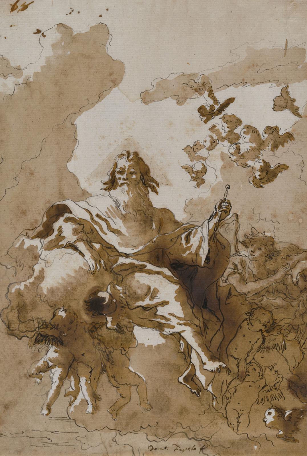 C’est une représentation sensible et émouvante, d’un Dieu le Père porté sur des nuages par des anges, que livre Giovanni Domenico Tiepolo 