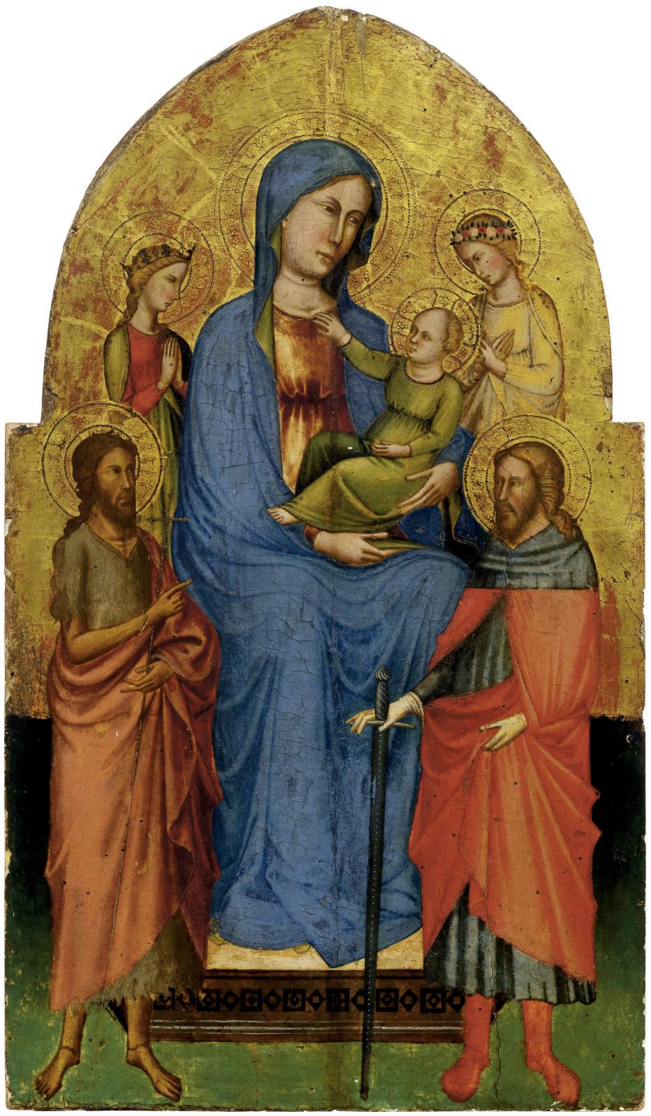 On sait peu de choses sur ce Maître De Sant’ivo, actif à Florence vers 1390-1415. Cette Vierge à l’Enfant, flanquée des saints Jean-Baptis