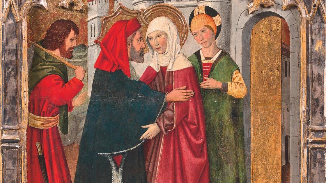Jaime Huguet (1415-1492) et son atelier, Rencontre d’Anne et Joachim à la porte dorée,... Huguet et Truphémus réunis pour le meilleur