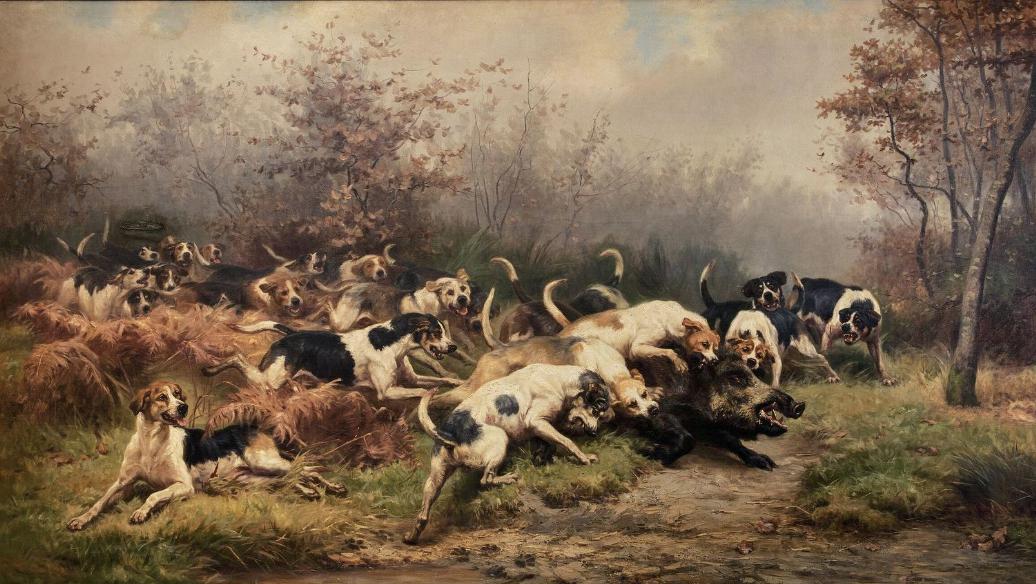 Jules Bertrand Gélibert (1834-1916), Sanglier coiffé par les chiens, huile sur toile,... L’art de la vénerie en veine : Gélibert, Reille...