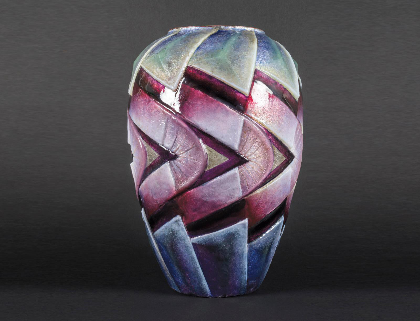 Ovoid copper vase with polychrome vitreous enamel geometric patterns on a granite background, signed "C. Fauré Limoges", h. 29 cm/11.42 in