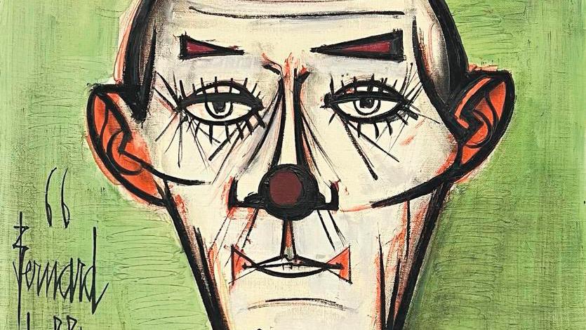 Bernard Buffet (1928-1999), Clown, fond vert, huile sur toile, 65 x 54 cm. Adjugé :... Quand Bernard Buffet tient le Pompon !