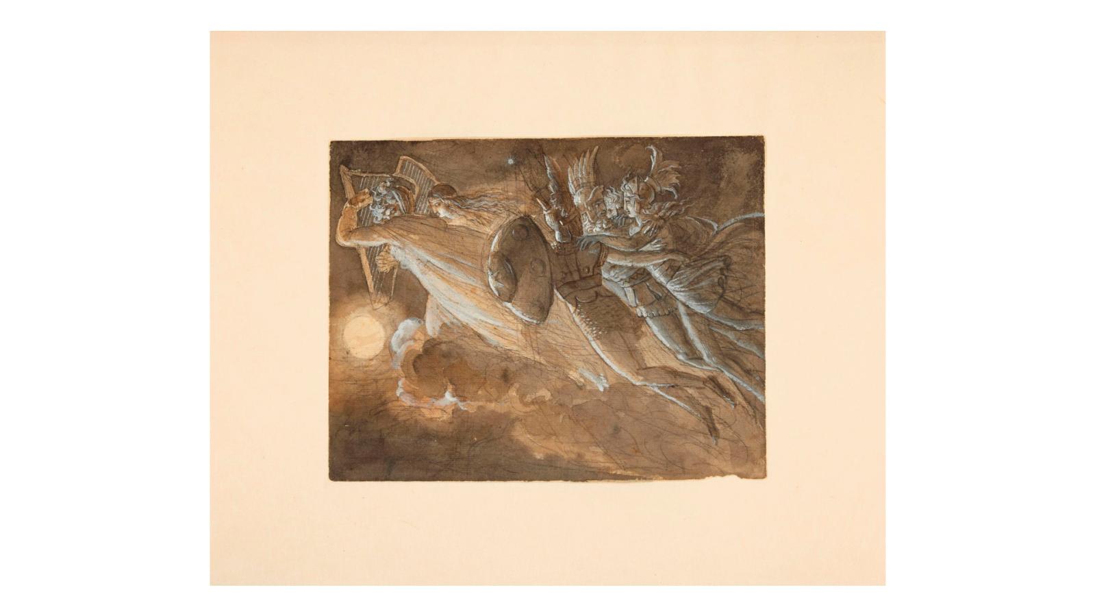 Anne-Louis Girodet (1767-1824), Les ombres entraînent Oscar dans le palais des nuées de Trenmor, pierre noire, plume et encre brune, 18 x 