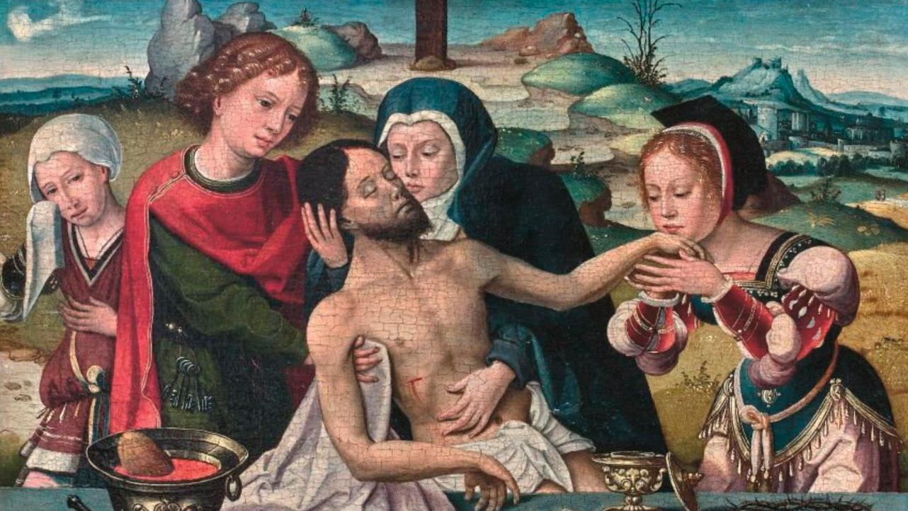 École anversoise, vers 1530. Déposition du Christ, panneau de chêne parqueté, 30,2 x 45,5 cm.Adjugé... Sainte déposition venue d'Anvers 