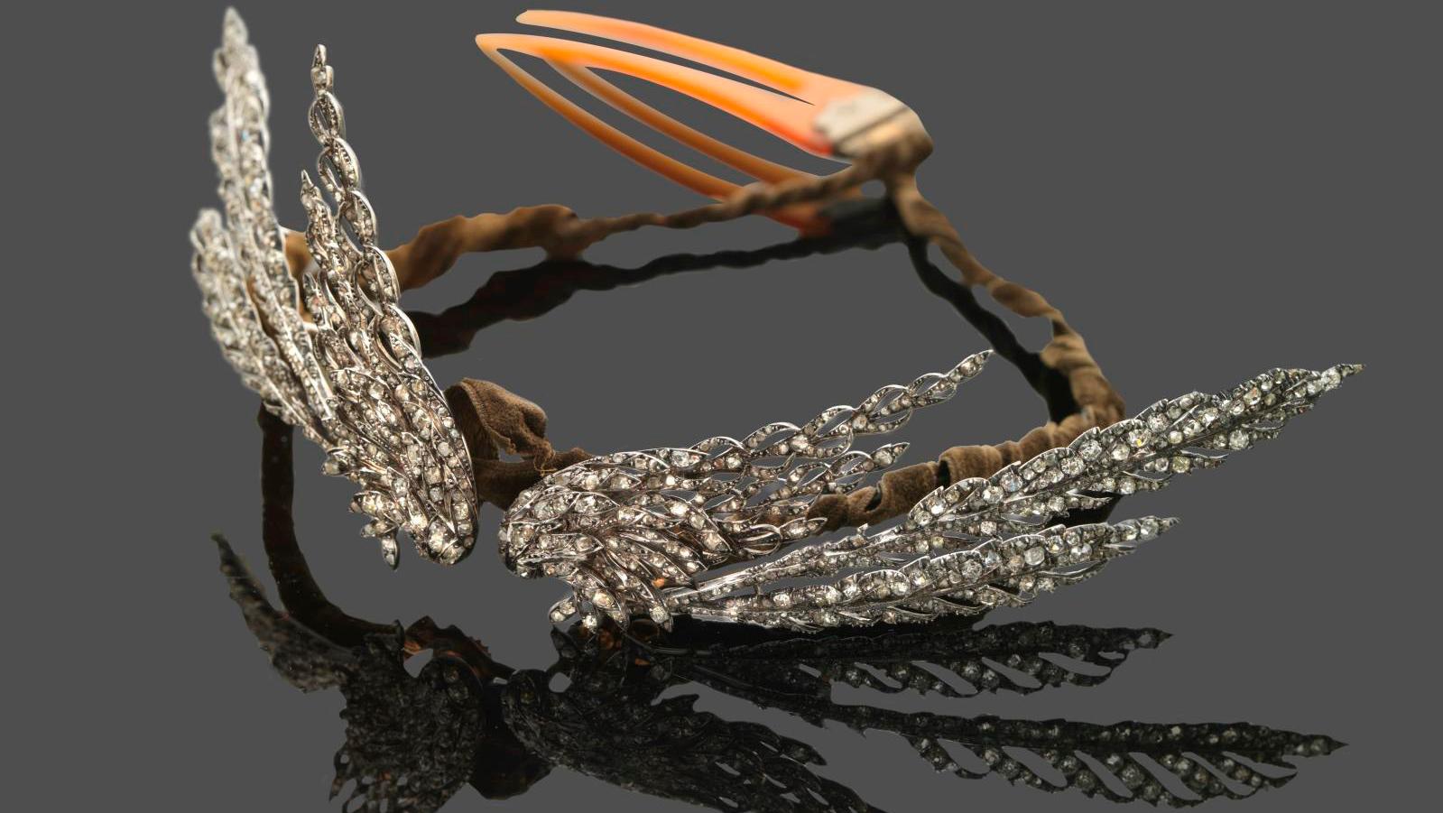 Chaumet, c. 1900. Tiara in white gold, rhodium-plated gold, silver and rose-cut diamonds,... Chaumet Borne Aloft on the Wings of Fame