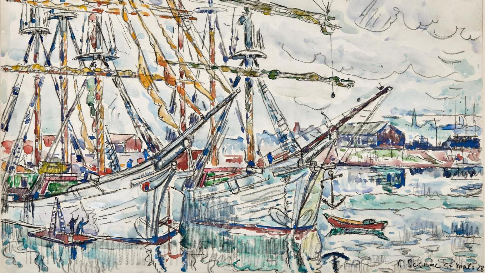Paul Signac (1863-1935), Saint-Malo, les terre-neuviers, 1928, aquarelle et crayon... Paul Signac à Saint-Malo