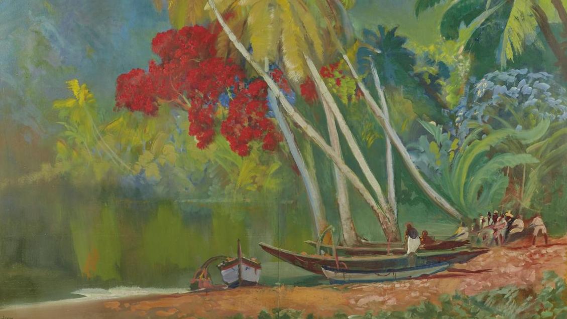 Jean-Louis Paguenaud (1876-1952), Pirogues sous les palmiers, huile sur panneau,... Jean-Louis Paguenau, un peintre au-delà des mers