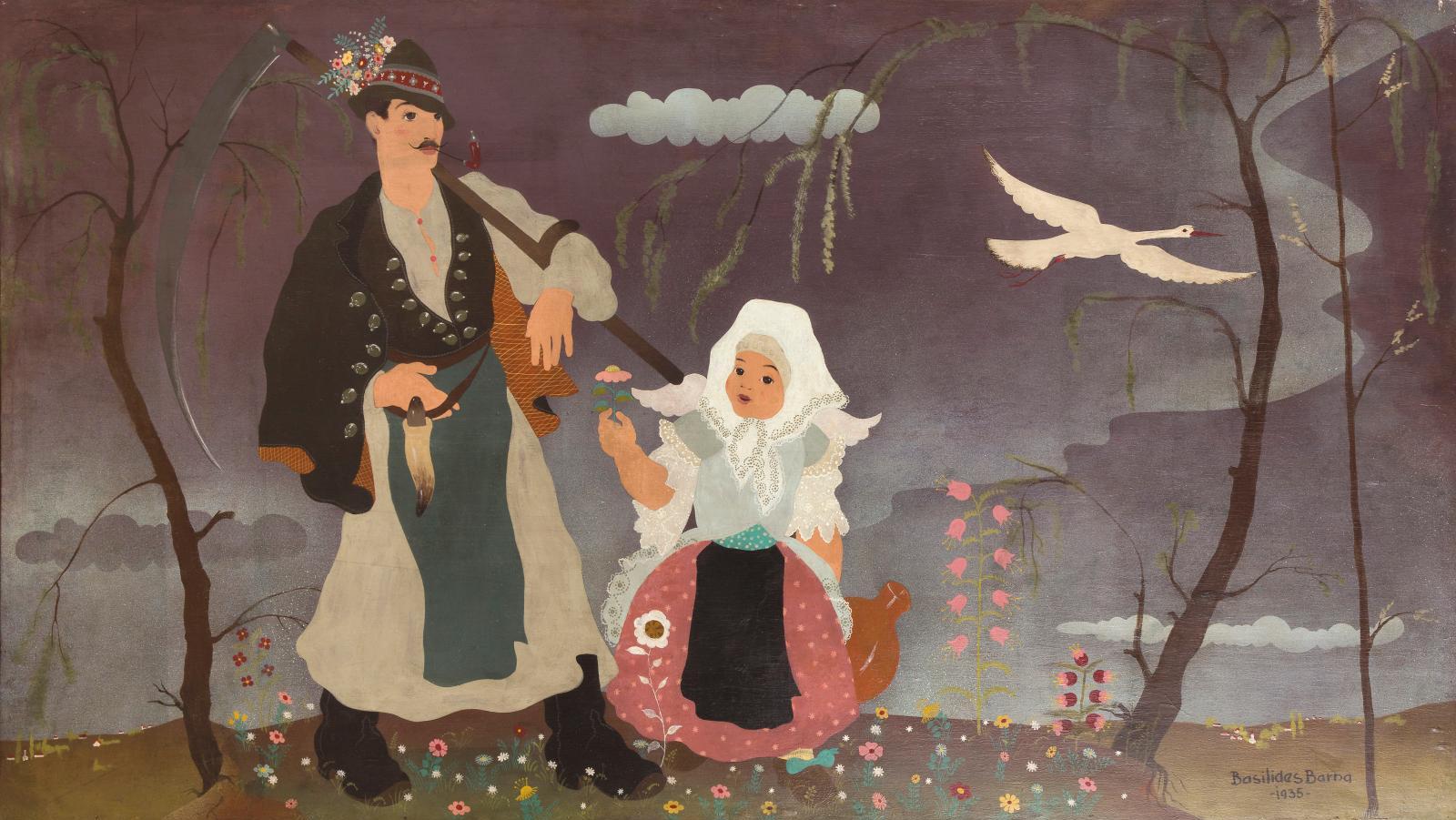 Barna Basilides (1903-1967), La Cueillette, 1935, huile sur panneau, 100 x 170 cm.Estimation... Saynètes de Hongrie par Barna Basilides