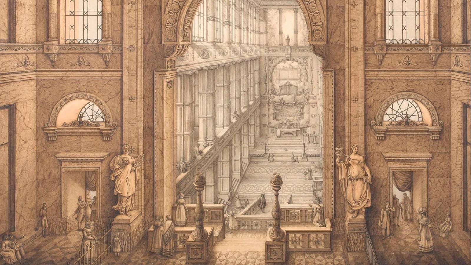 Jean-Jacques Lequeu (1757-1826), Projet d’architecture pour une église, 1820, plume,... Les arts anciens menés par Jean-Jacques Lequeu