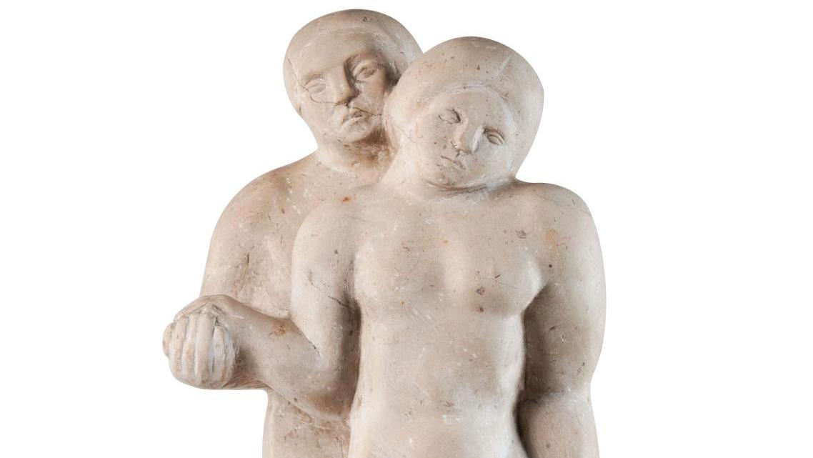 Fano Messan (1902-1998), Le Couple, vers 1930, sculpture en béton, repris à l’outil... Fano Messan, sculptrice oubliée et garçonne assumée