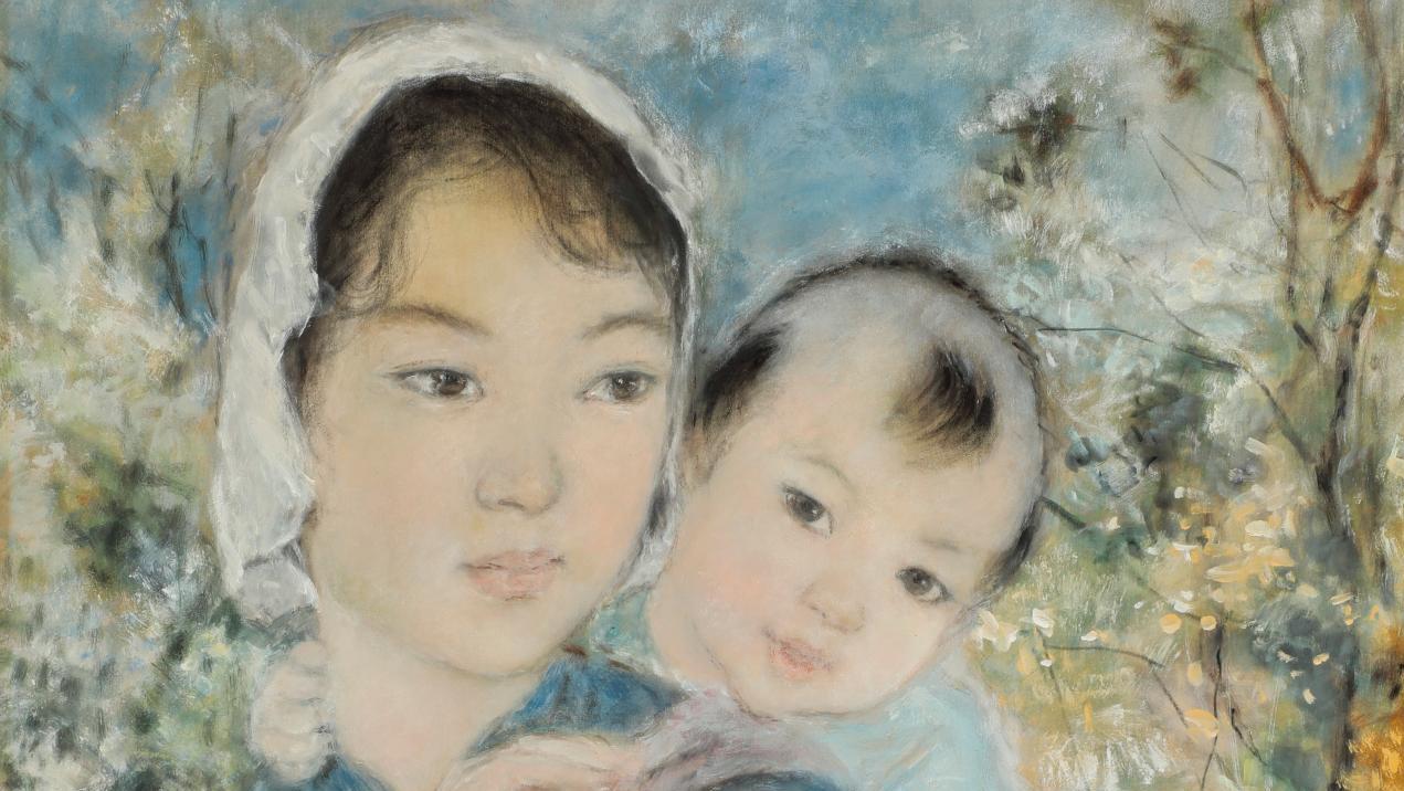 Lê Thi Luu (1911-1988), Mère et enfant, 1968, gouache sur soie contrecollée sur papier,... Lê Thi Luu, Vietnam années 1960